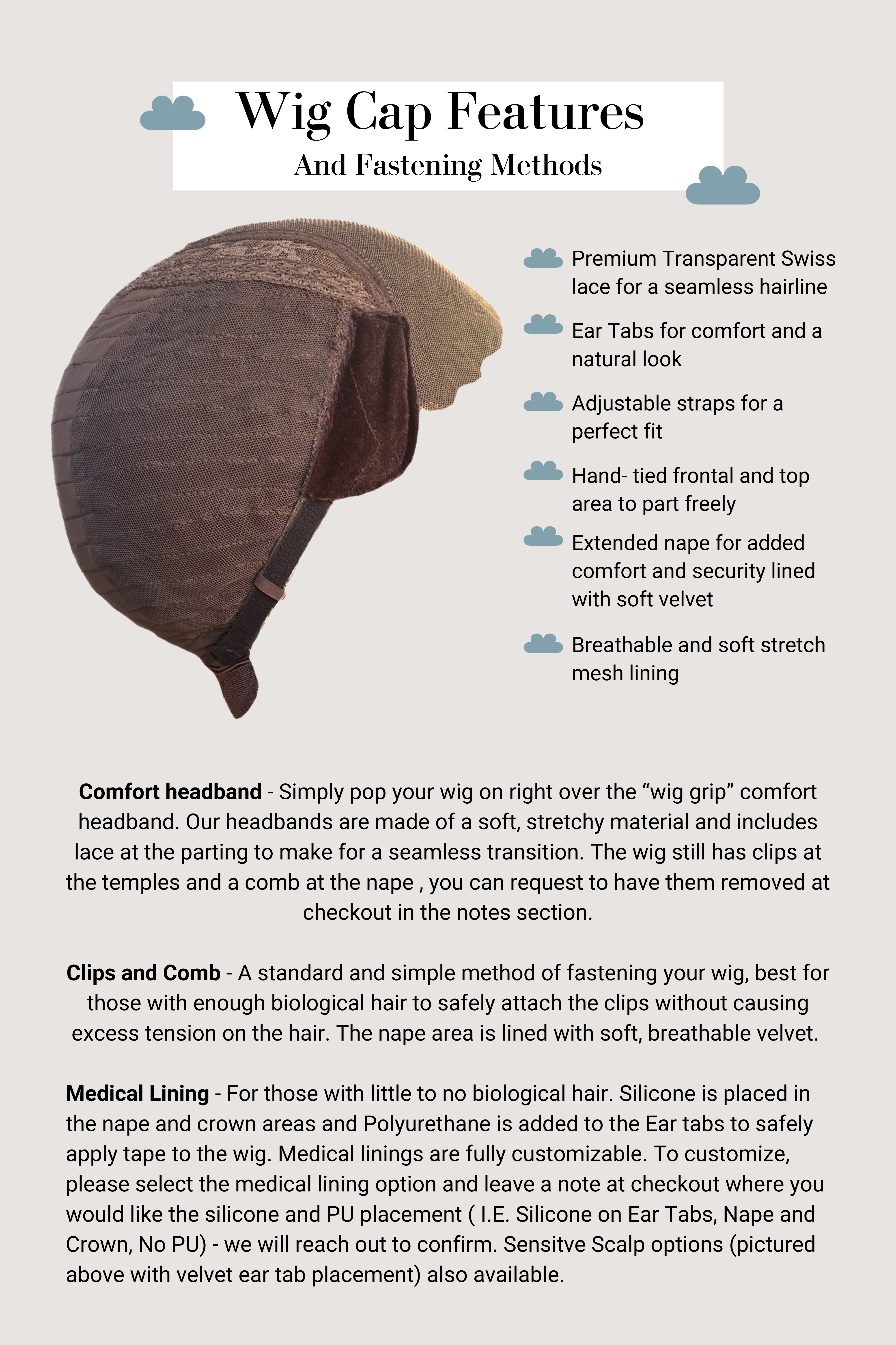 Wig Cap Features
And Fastening Methods